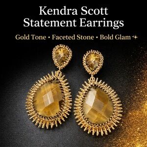 Kendra Scott Oversized Statement Drop Earrings • Gold Tone Tiger’s Eye • Luxe